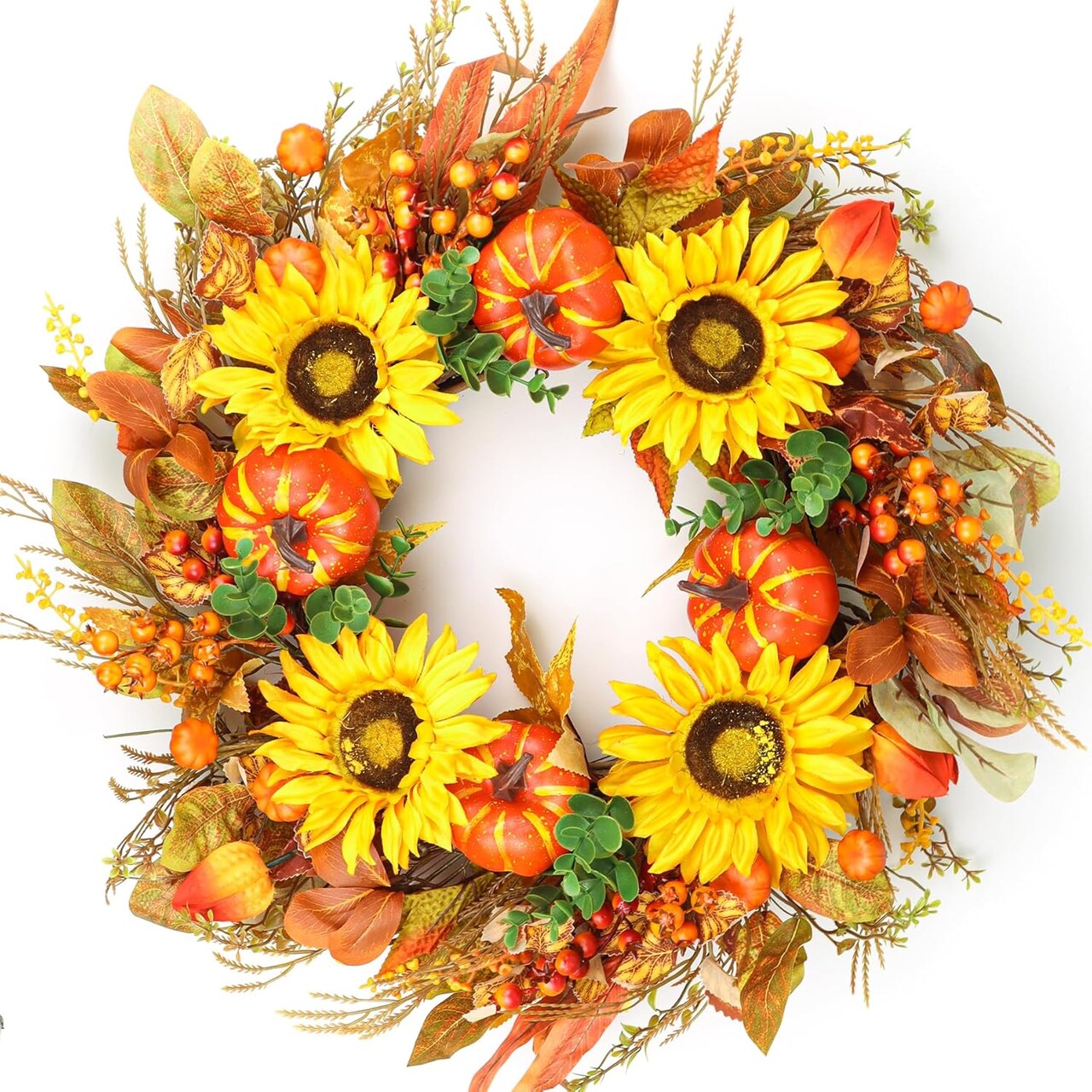 24 Inch Fall Wreath with Artificial Sunflowers Pumpkins Berries Maple Leaves, Autumn Door Wreath for Thanksgiving Harvest Decorations Indoor Outdoor